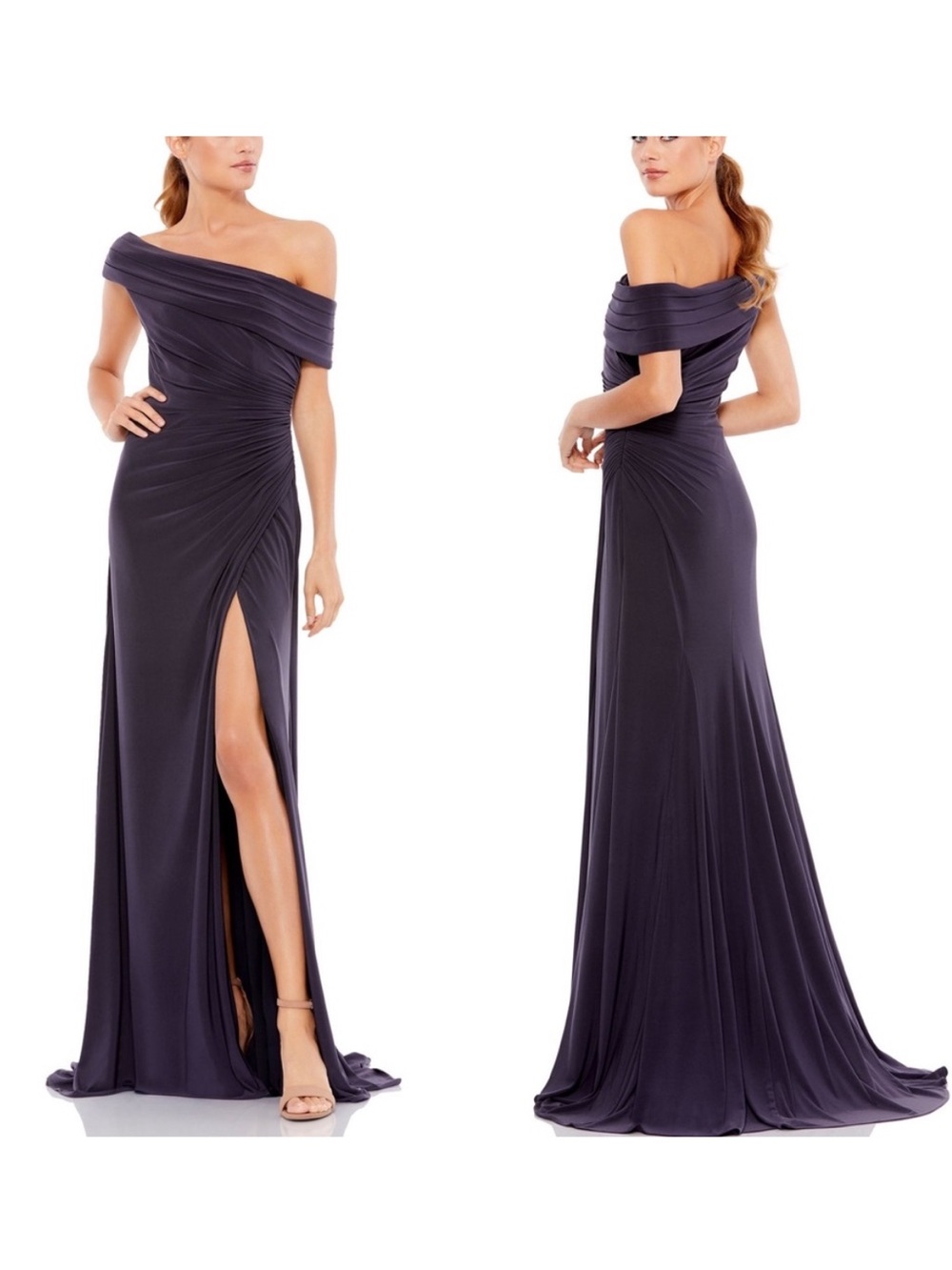 Mac Duggal‎ Foldover Ruched Jersey Evening Gown Sz 18 Off the Shoulder Slit